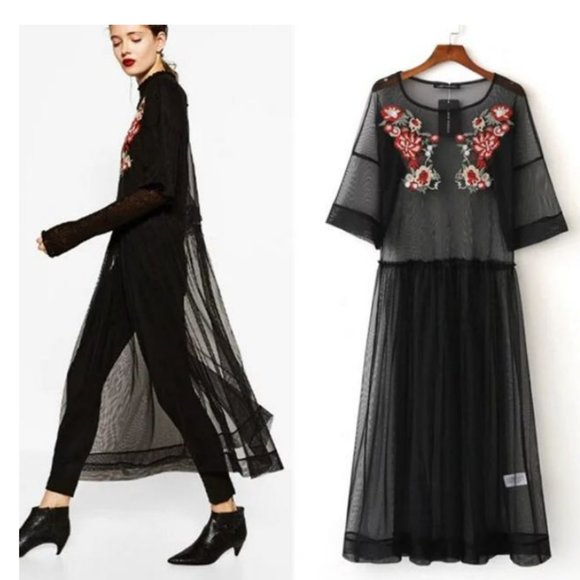 Sheer Long Zara Mesh Black Embroidered Floral Midi Dress, new - Picture 3 of 10